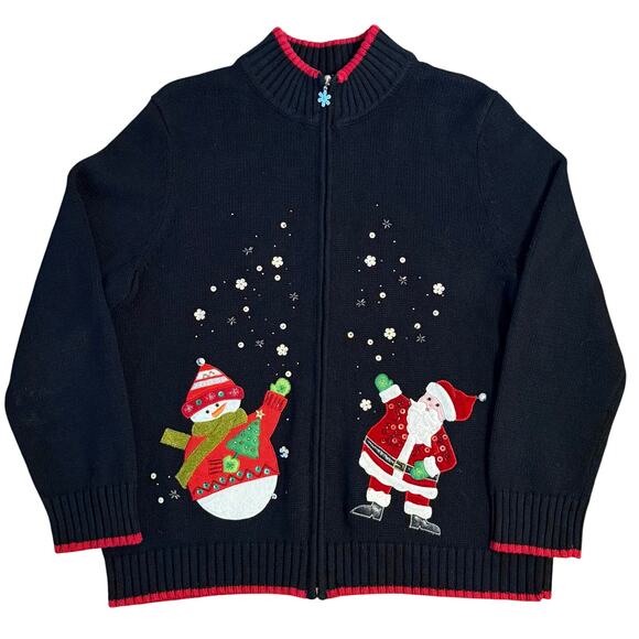 Hampshire Studio VTG Wool Santa Snowman Ugly Christmas Sweater Black Size Large - Picture 1 of 11